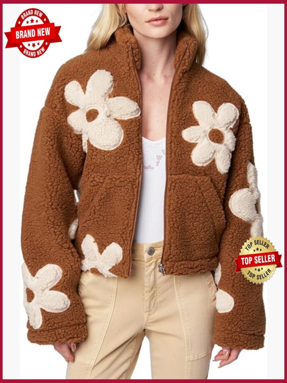 Floral Print Sherpa Fleece Jacket Long Sleeve Zipper Cropped Coat with Pockets